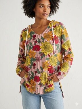 LuLaRoe Pink Striped V-Neck Hoodie with Yellow & Red‎ Floral Print